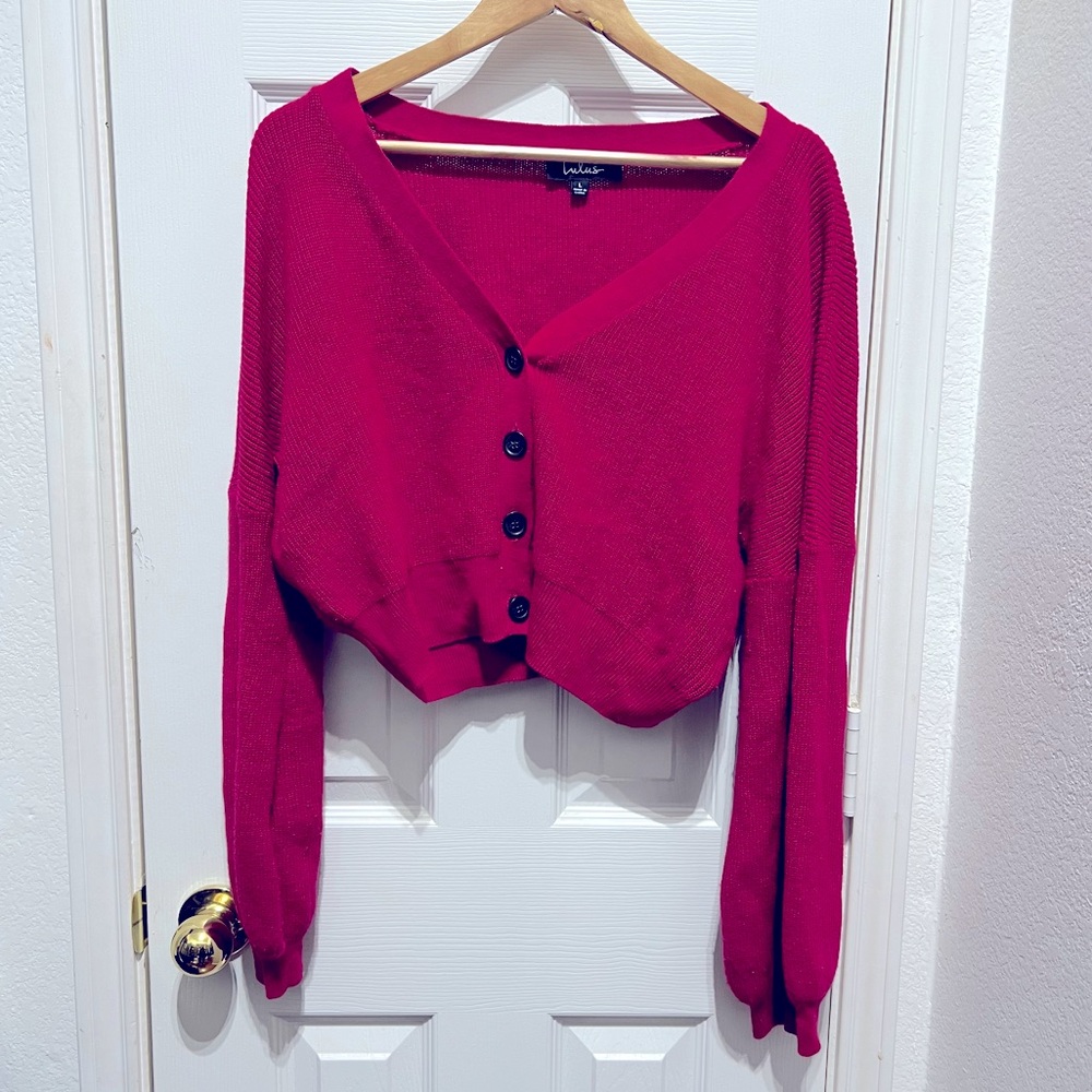 Lulus Adorable Cropped Magenta Cardigan - Size Large